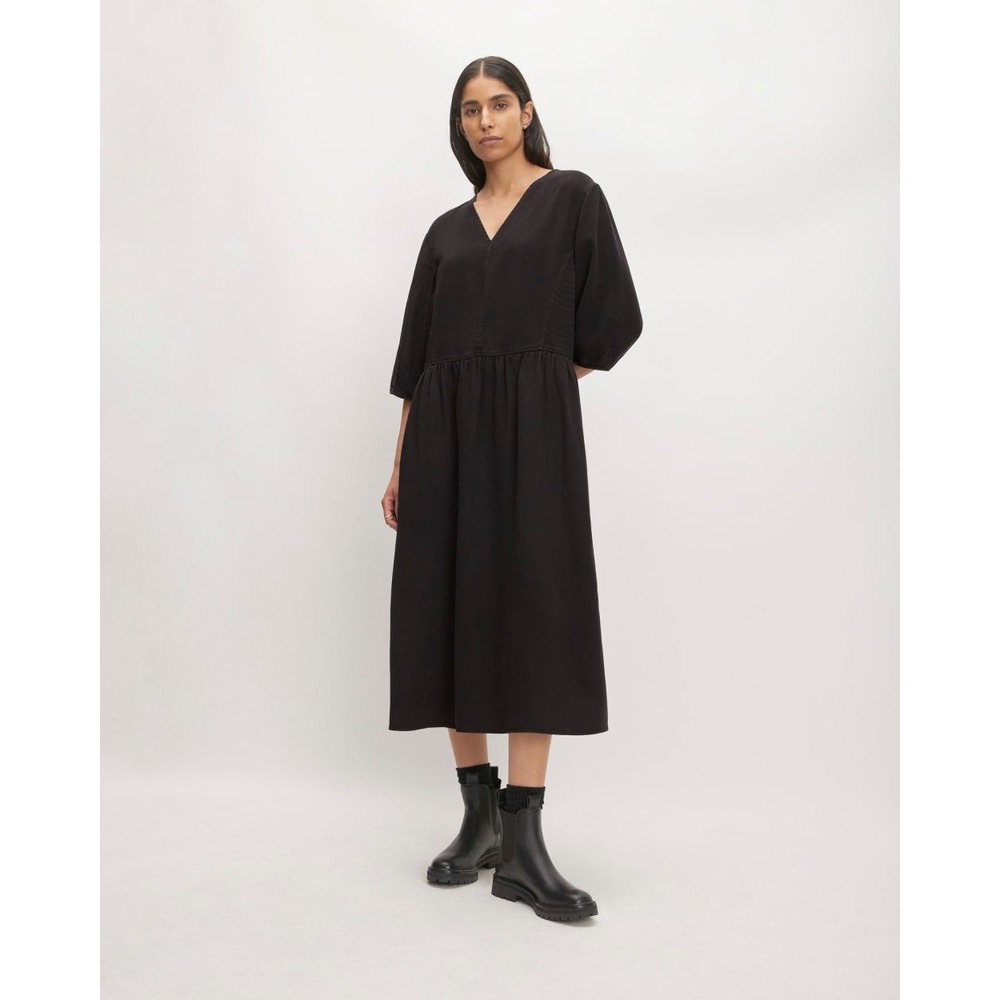 Everlane The TENCEL Puff-Sleeve Midi Dress Black Size S Small